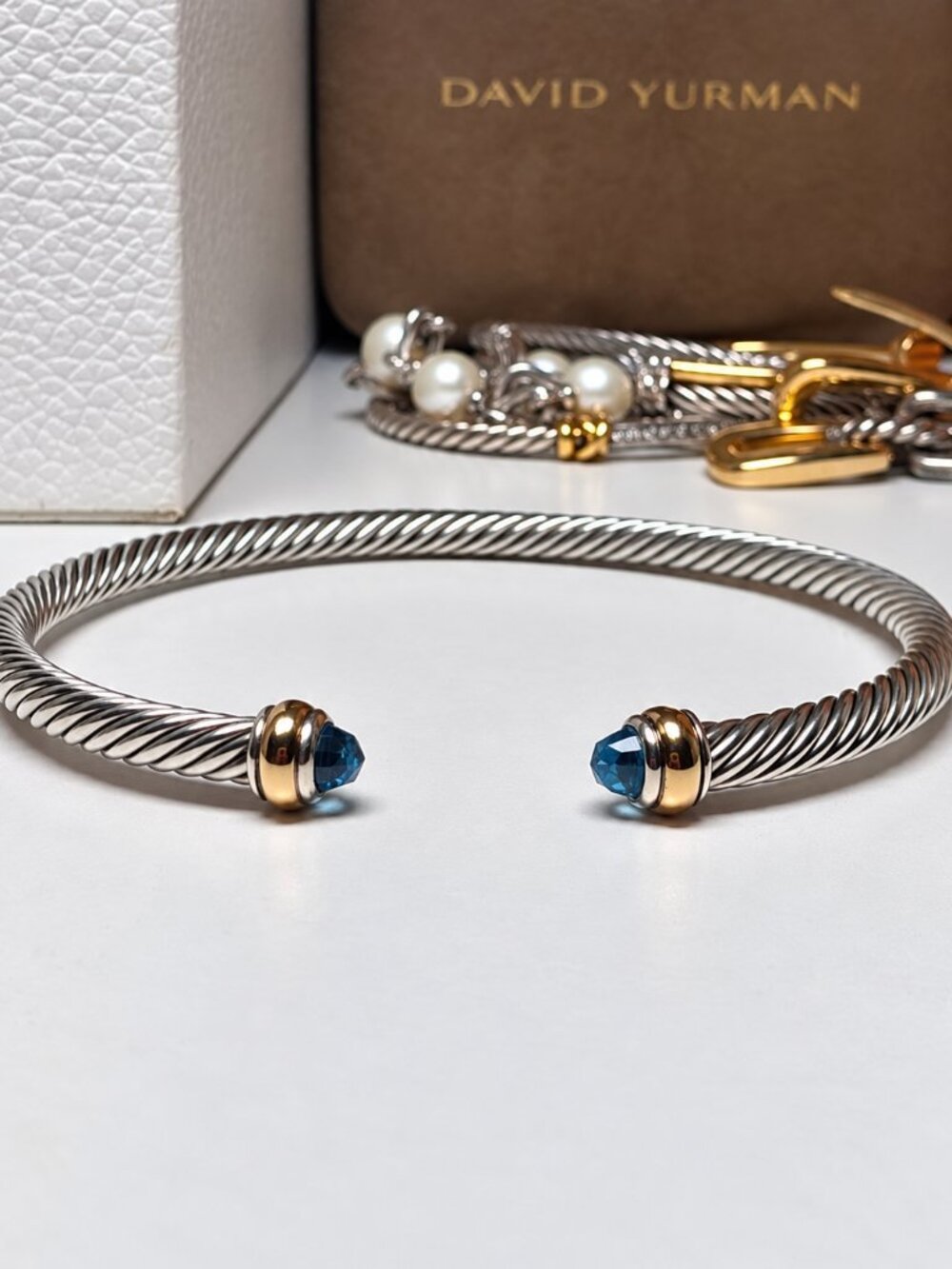 David Yurman Classic Cable Blue Topaz 18K Gold Silver 4mm Bracelet –Large